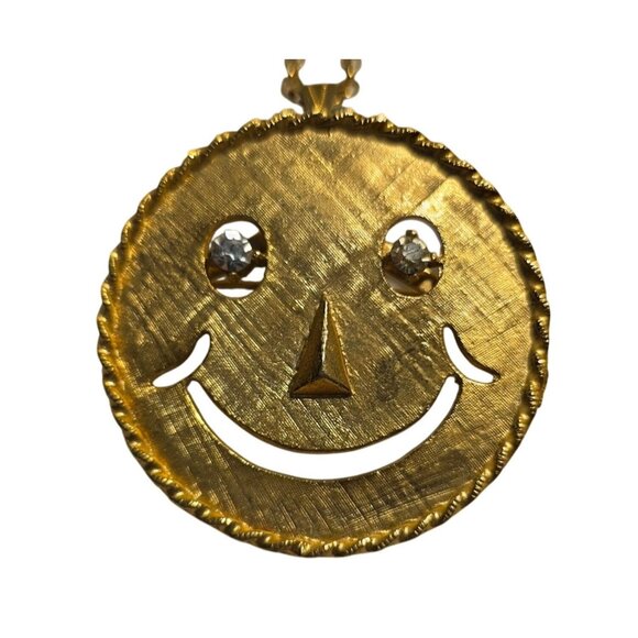 Vtg Gold-Tone Smiley Face Pendant Necklace brooch Rhinestone Eyes statement - Picture 1 of 6